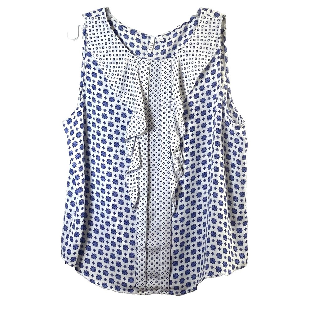Elle Block Print Ruffle Tank Blouse Size XL Multicolor Floral Geometric Flaw